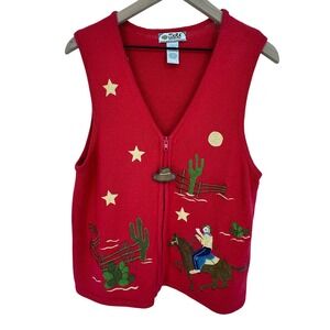 Tiara International Sweater Vest Large Red Western Cowgirl Cactus Zip Vintage